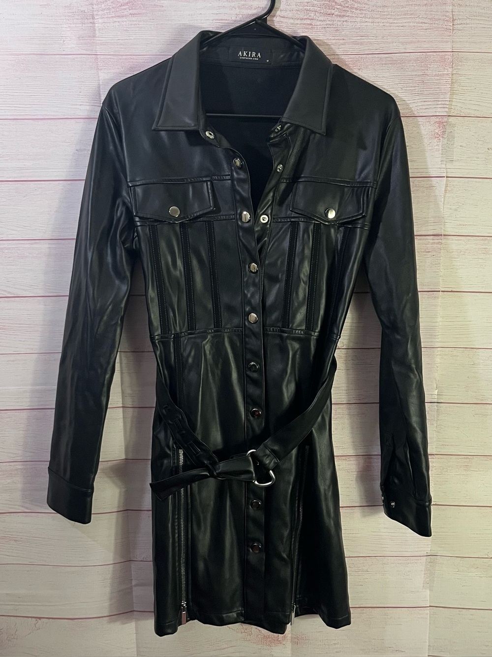 Akira Black Faux Leather Front Snap Button Down Belt Long Sleeve Dress Medium